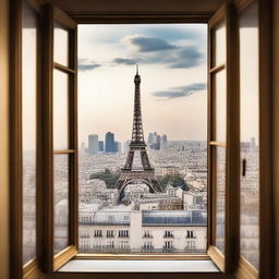 Create an image of the Eiffel Tower as seen from a window