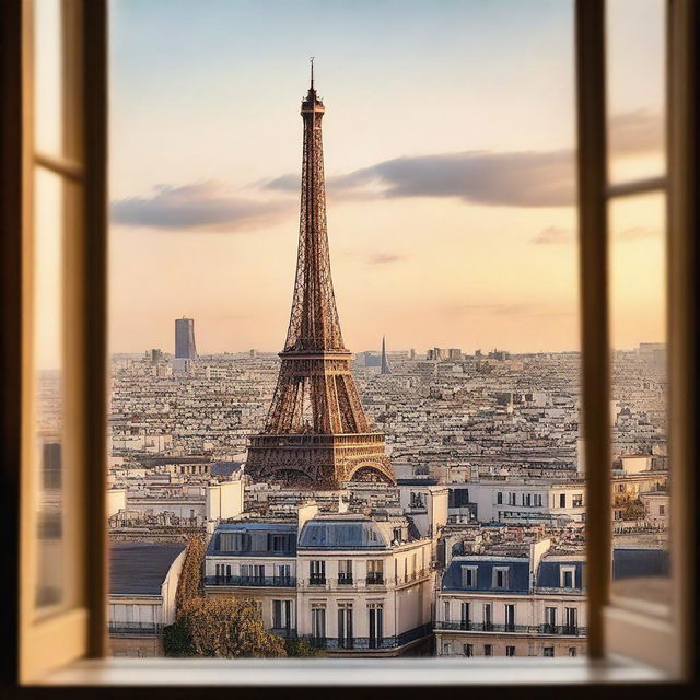 Create an image of the Eiffel Tower as seen from a window