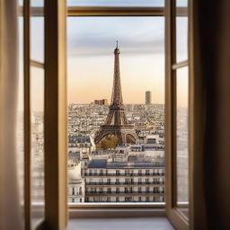 Create an image of the Eiffel Tower as seen from a window