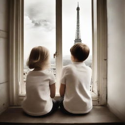 Create an image of a brother and sister looking out of a window with a view of the Eiffel Tower