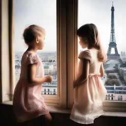 Create an image of a brother and sister looking out of a window with a view of the Eiffel Tower