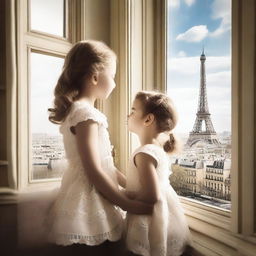 Create an image of a brother and sister looking out of a window with a view of the Eiffel Tower