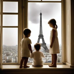 Create an image of a brother and sister looking out of a window with a view of the Eiffel Tower