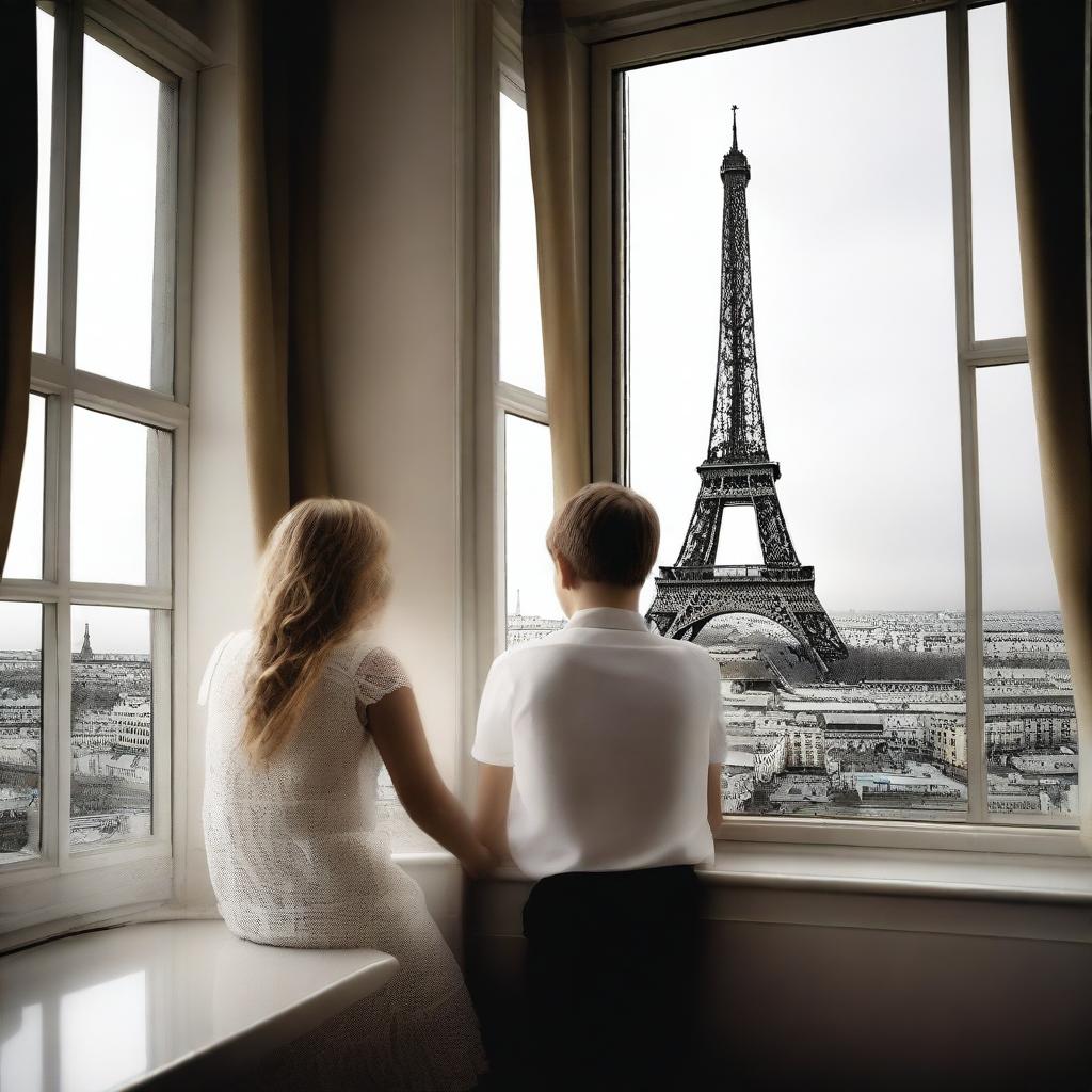 Create an image of an adult brother and sister looking out of a window with a view of the Eiffel Tower