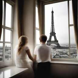 Create an image of an adult brother and sister looking out of a window with a view of the Eiffel Tower