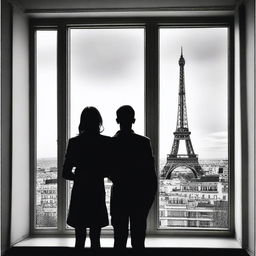 Create an image of an adult brother and sister looking out of a window with a view of the Eiffel Tower