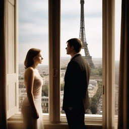 Create an image of an adult brother and sister looking out of a window with a view of the Eiffel Tower