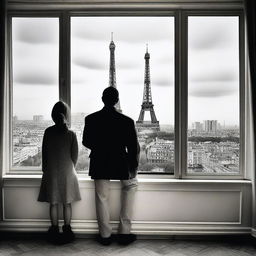 Create an image of an adult brother and sister looking out of a window with a view of the Eiffel Tower