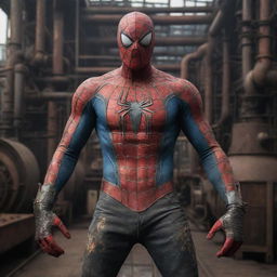 Spiderman dressed in Oilpunk attire, characterized by heavy machinery and oil-driven technologies, within an industrial 19th-century setting