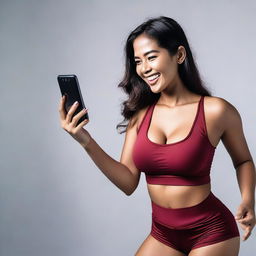 An Indonesian model wearing a sexy, short miniset sport bra and short pant red maroon outfit