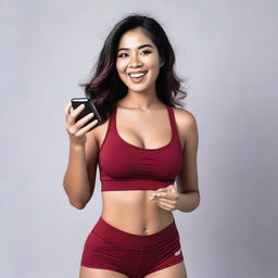 An Indonesian model wearing a sexy, short miniset sport bra and short pant red maroon outfit