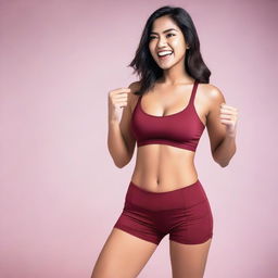 An Indonesian model wearing a sexy, short miniset sport bra and short pant red maroon outfit