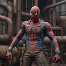 Spiderman dressed in Oilpunk attire, characterized by heavy machinery and oil-driven technologies, within an industrial 19th-century setting