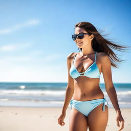 A person wearing a bikini at the beach, enjoying a sunny day with clear blue skies and gentle waves in the background