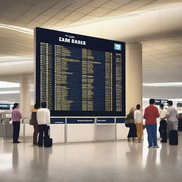 Create an image of an airport with a flight information display board and people waiting for their flights