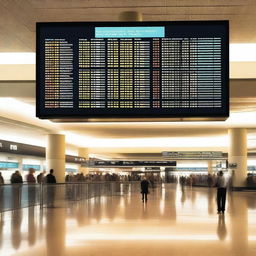 Create an image of an airport with a flight information display board and people waiting for their flights