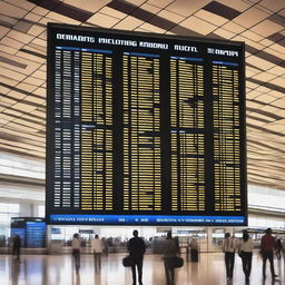 Create an image of an airport with a flight information display board and people waiting for their flights