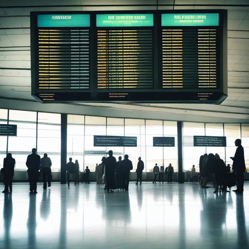 Create an image of an airport with a flight information display board and people waiting for their flights