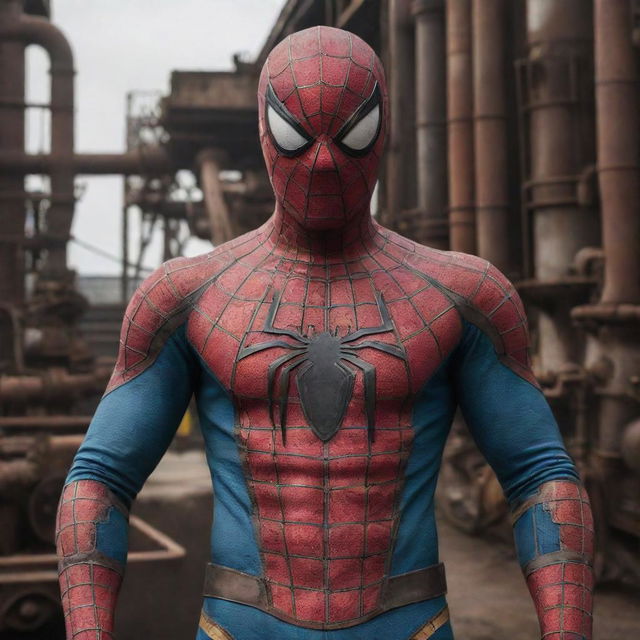 Spiderman dressed in Oilpunk attire, characterized by heavy machinery and oil-driven technologies, within an industrial 19th-century setting