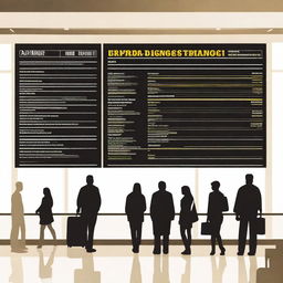 Create an image of an airport with a flight information display board and people waiting for their airplane