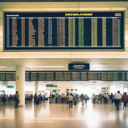 Create an image of an airport with a flight information display board and people waiting for their airplane