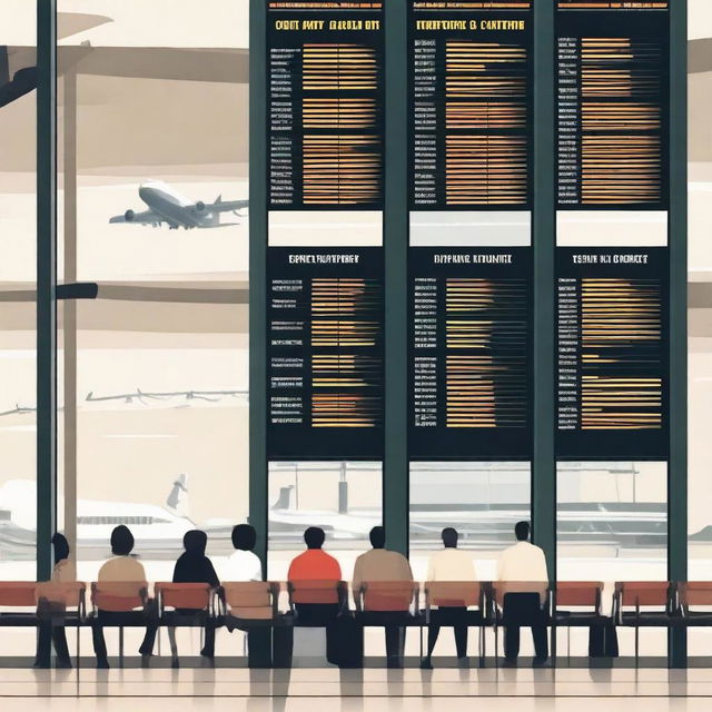 Create an image of an airport with a flight information display board and people waiting for their airplane