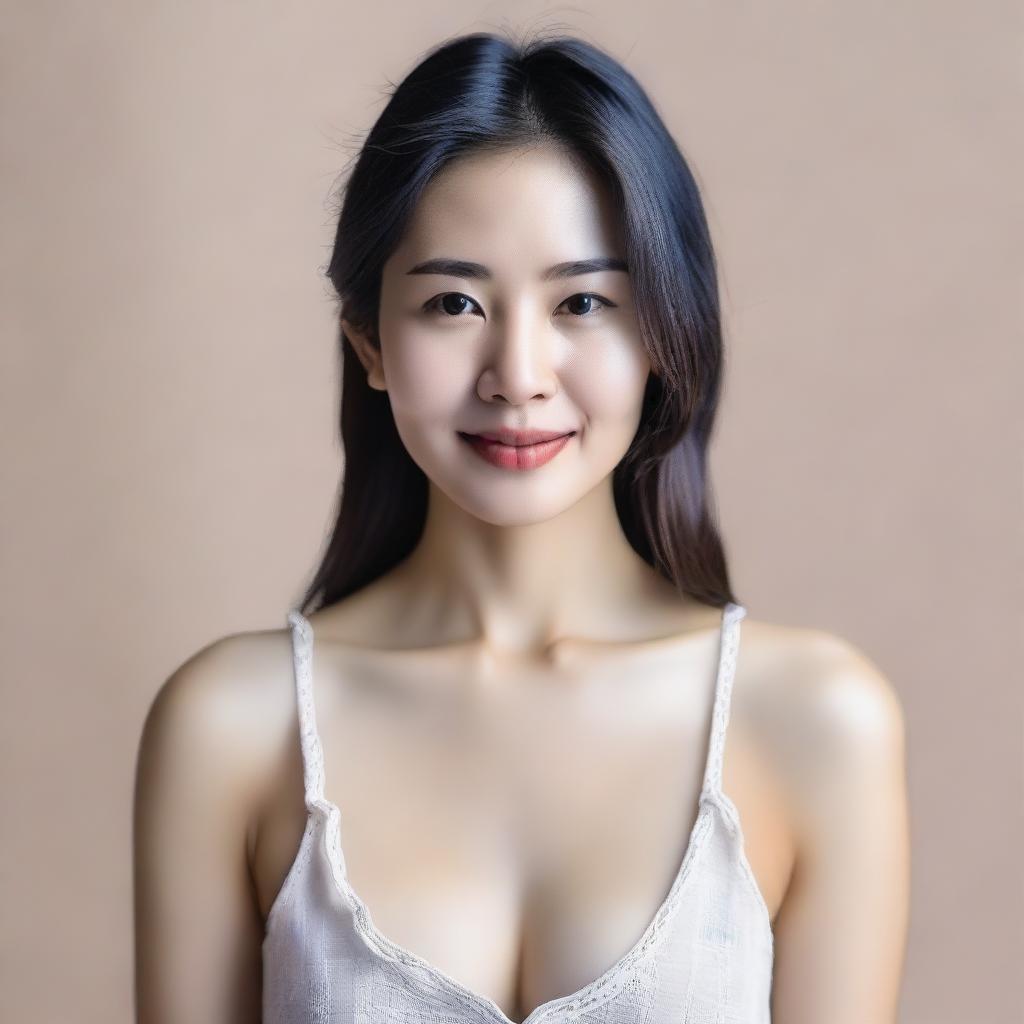 A realistic and naturally beautiful Asian woman without makeup, posing in a sexy and confident manner