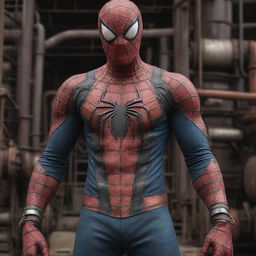 Spiderman dressed in Oilpunk attire, characterized by heavy machinery and oil-driven technologies, within an industrial 19th-century setting