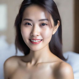 A realistic and naturally beautiful Asian woman without makeup, posing in a sexy and confident manner