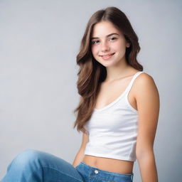 A realistic and naturally beautiful teenager without makeup, posing in a confident manner