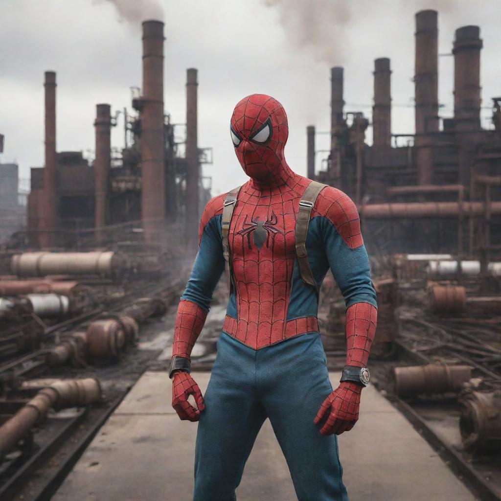 Spiderman dressed in FactoryPunk attire, filled with industrial machinery and smoky factories, situated within a backdrop of bustling 19th-century industrial labor