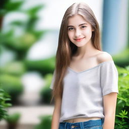 A realistic and naturally beautiful teenager without makeup, posing in a confident manner