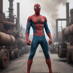 Spiderman dressed in FactoryPunk attire, filled with industrial machinery and smoky factories, situated within a backdrop of bustling 19th-century industrial labor