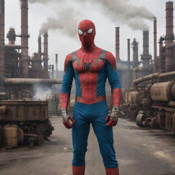 Spiderman dressed in FactoryPunk attire, filled with industrial machinery and smoky factories, situated within a backdrop of bustling 19th-century industrial labor