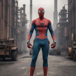 Spiderman dressed in FactoryPunk attire, filled with industrial machinery and smoky factories, situated within a backdrop of bustling 19th-century industrial labor