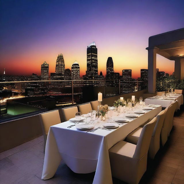 Create an image of an upscale restaurant located on the rooftop of a high-rise building