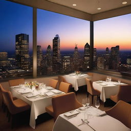 Create an image of an upscale restaurant located on the rooftop of a high-rise building