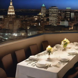 Create an image of an upscale restaurant located on the rooftop of a high-rise building