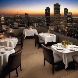 Create an image of an upscale restaurant located on the rooftop of a high-rise building