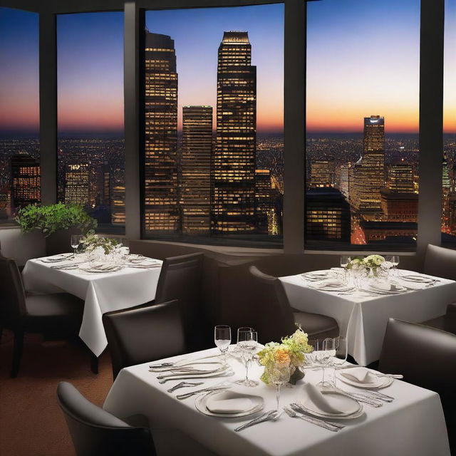 Create an image of an upscale restaurant located on the rooftop of a high-rise building, featuring waitstaff and guests