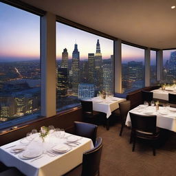 Create an image of an upscale restaurant located on the rooftop of a high-rise building, featuring waitstaff and guests