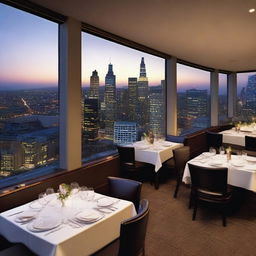 Create an image of an upscale restaurant located on the rooftop of a high-rise building, featuring waitstaff and guests