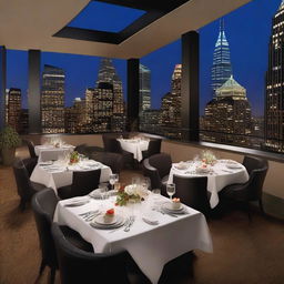 Create an image of an upscale restaurant located on the rooftop of a high-rise building, featuring waitstaff and guests