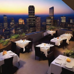 Create an image of an upscale restaurant located on the rooftop of a high-rise building, featuring waitstaff and guests