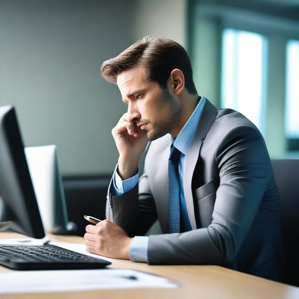 Create an image of a man sitting at a desk in an office, wearing a suit and tie, deep in thought