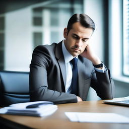 Create an image of a man sitting at a desk in an office, wearing a suit and tie, deep in thought