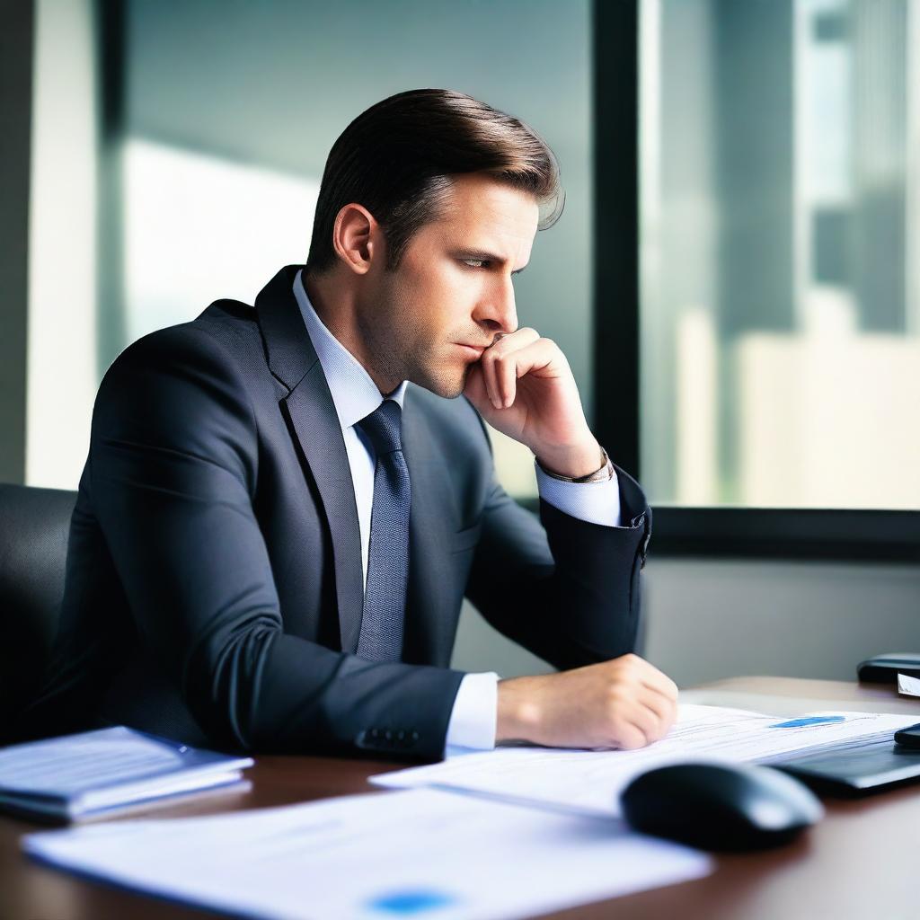 Create an image of a man sitting at a desk in an office, wearing a suit and tie, deep in thought