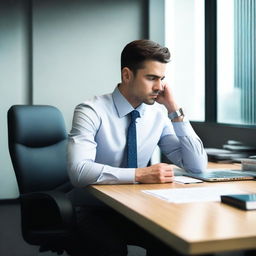 Create an image of a man sitting at a desk in an office, wearing a suit and tie, deep in thought