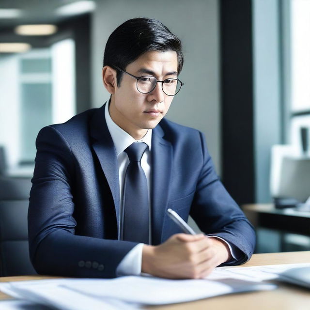 Create an image of an Asian man sitting at a large desk in an office, wearing a suit and tie, deep in thought