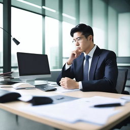 Create an image of an Asian man sitting at a large desk in an office, wearing a suit and tie, deep in thought